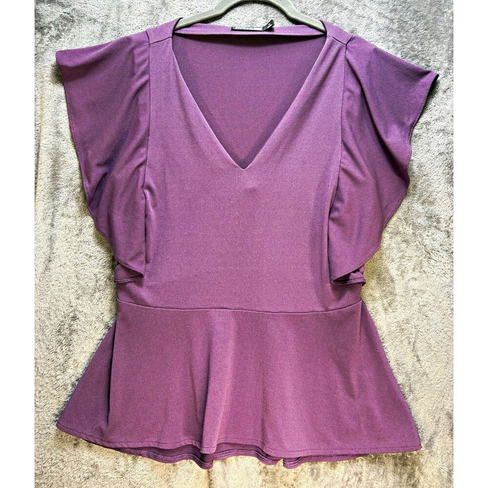 7th Avenue Purple Solid V-Neck Flutter Short Sleeve Peplum Blouse M